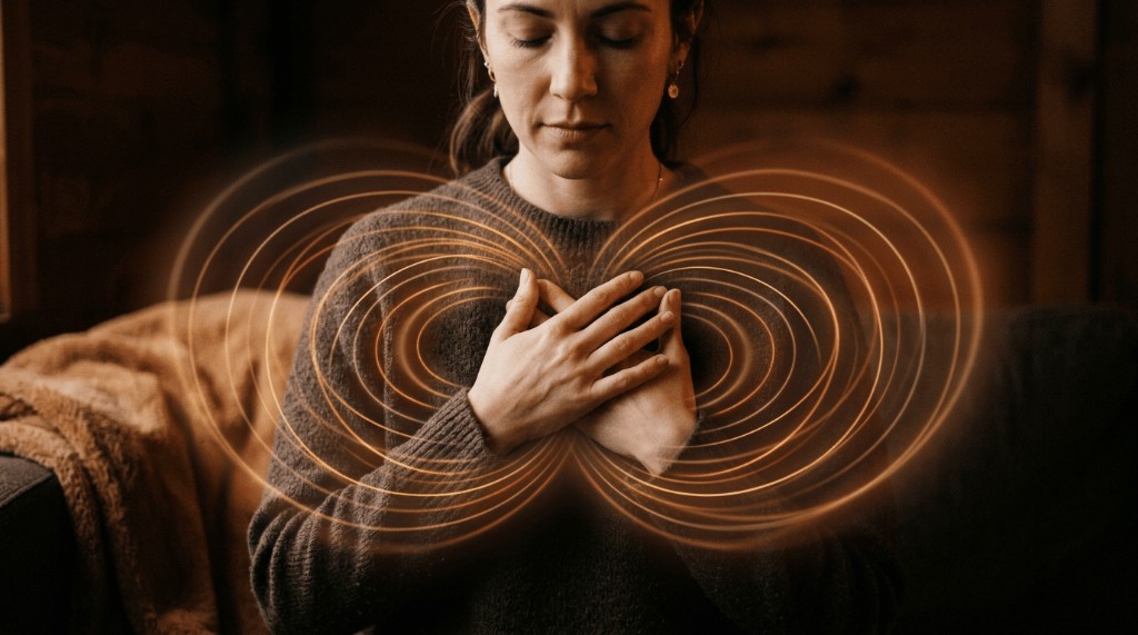 Mulher com as mãos sobre o peito em estado de coerência cardíaca, demonstrando graficamente as ondas do campo eletromagnético do coração em tons quentes.