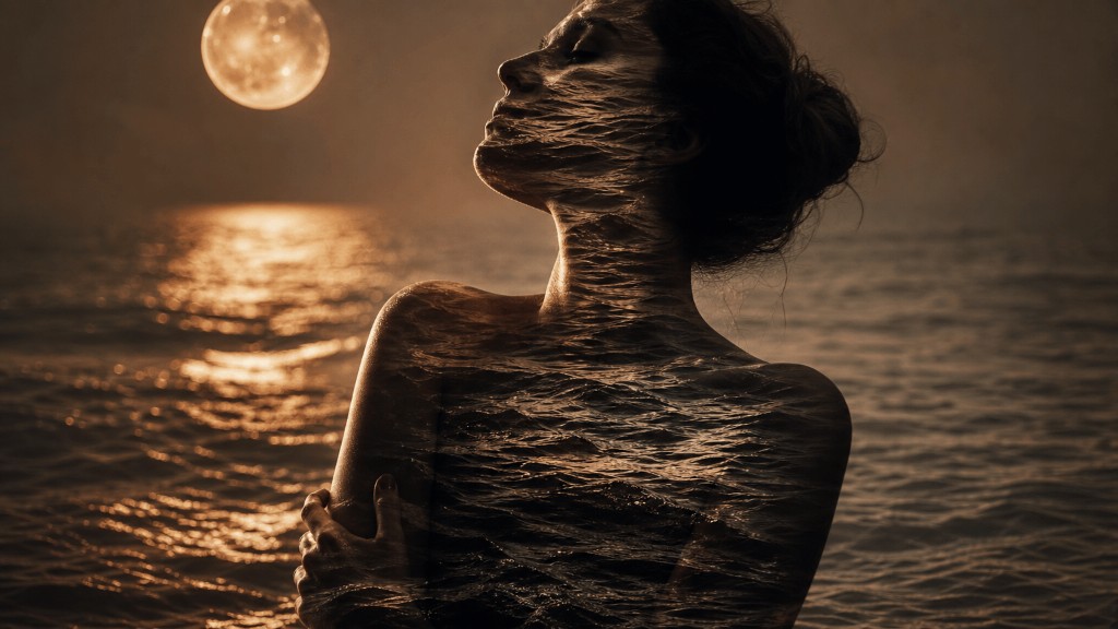 Fotografia artística em dupla exposição fundindo a silhueta de uma mulher expressiva com o movimento de ondas do mar sob a luz de uma lua cheia em tons de âmbar.