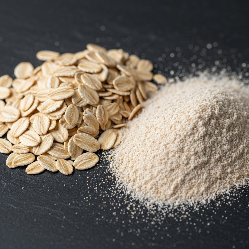 Primer plano macro comparando la textura de hojuelas de avena tradicional gruesa frente a la avena instant&aacute;nea fina sobre mesa oscura