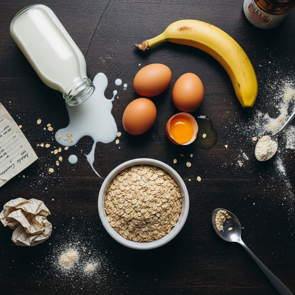 Ingredientes naturales para preparar panqueques de avena saludables: huevos, banana y leche sobre mesada de cocina r&uacute;stica
