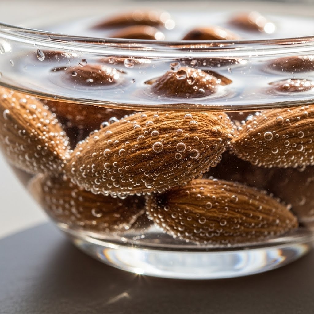 Almendras activ&aacute;ndose en remojo con agua para eliminar antinutrientes antes de preparar la leche vegetal.