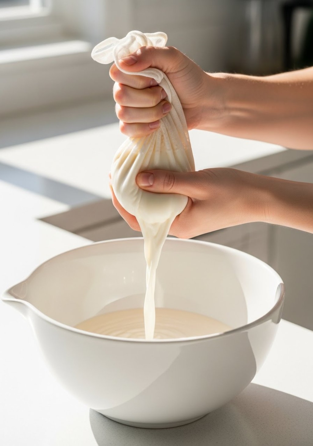 Filtrando leche de almendras casera con bolsa de tela para separar el l&iacute;quido del bagazo.