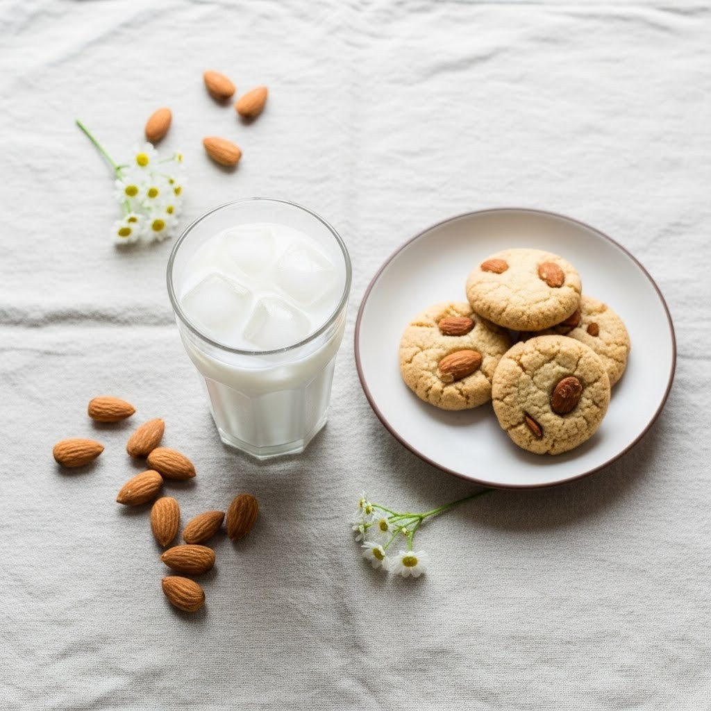 Desayuno saludable con vaso de leche de almendras y galletitas hechas con el bagazo sobrante.