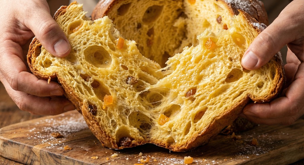 Primer plano de la miga h&uacute;meda y esponjosa de un pan dulce artesanal repleto de frutos.