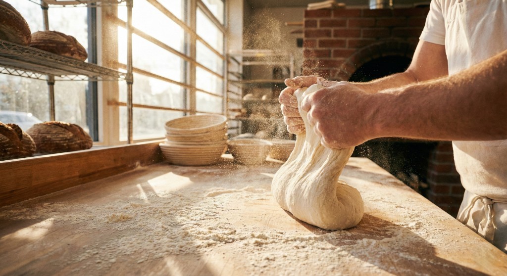 Amasado manual de la masa de pan dulce integrando la manteca para lograr elasticidad.