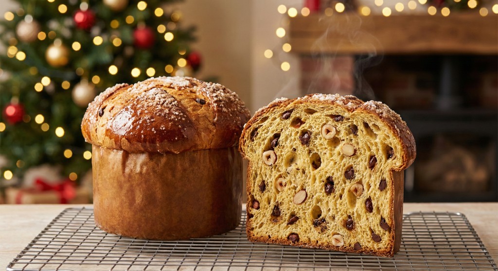 Pan dulce casero terminado, dorado y brillante, listo para la mesa navide&ntilde;a con abundantes frutos secos.