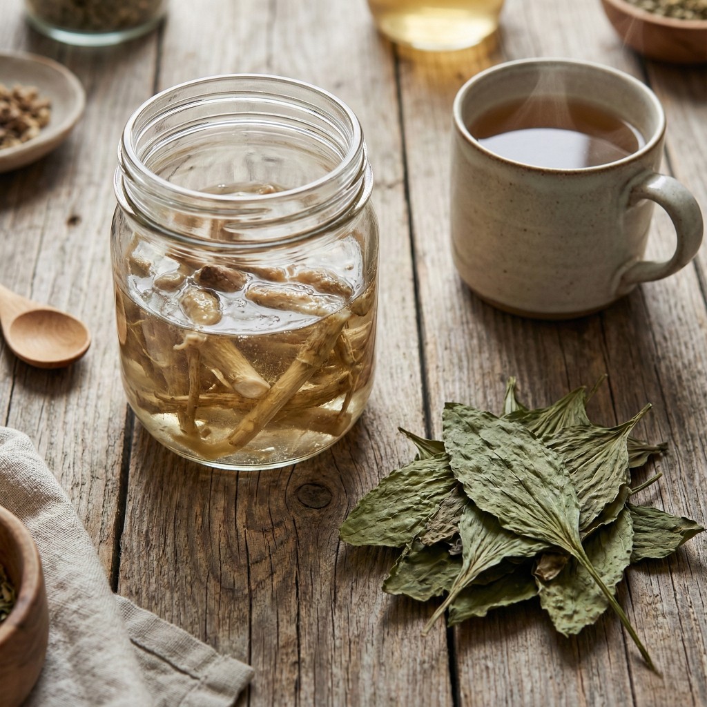 Preparaci&oacute;n de maceraci&oacute;n en fr&iacute;o de malvavisco y t&eacute; de llant&eacute;n para la salud digestiva.