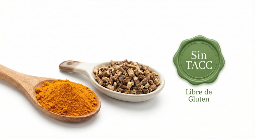 Diente de le&oacute;n y c&uacute;rcuma certificada sin TACC para soporte nutricional.