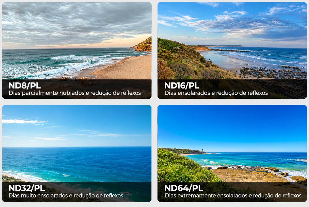 comparativo de filtros ND/PL com diferentes gradua&ccedil;&otilde;es em diferentes momentos de sol. 