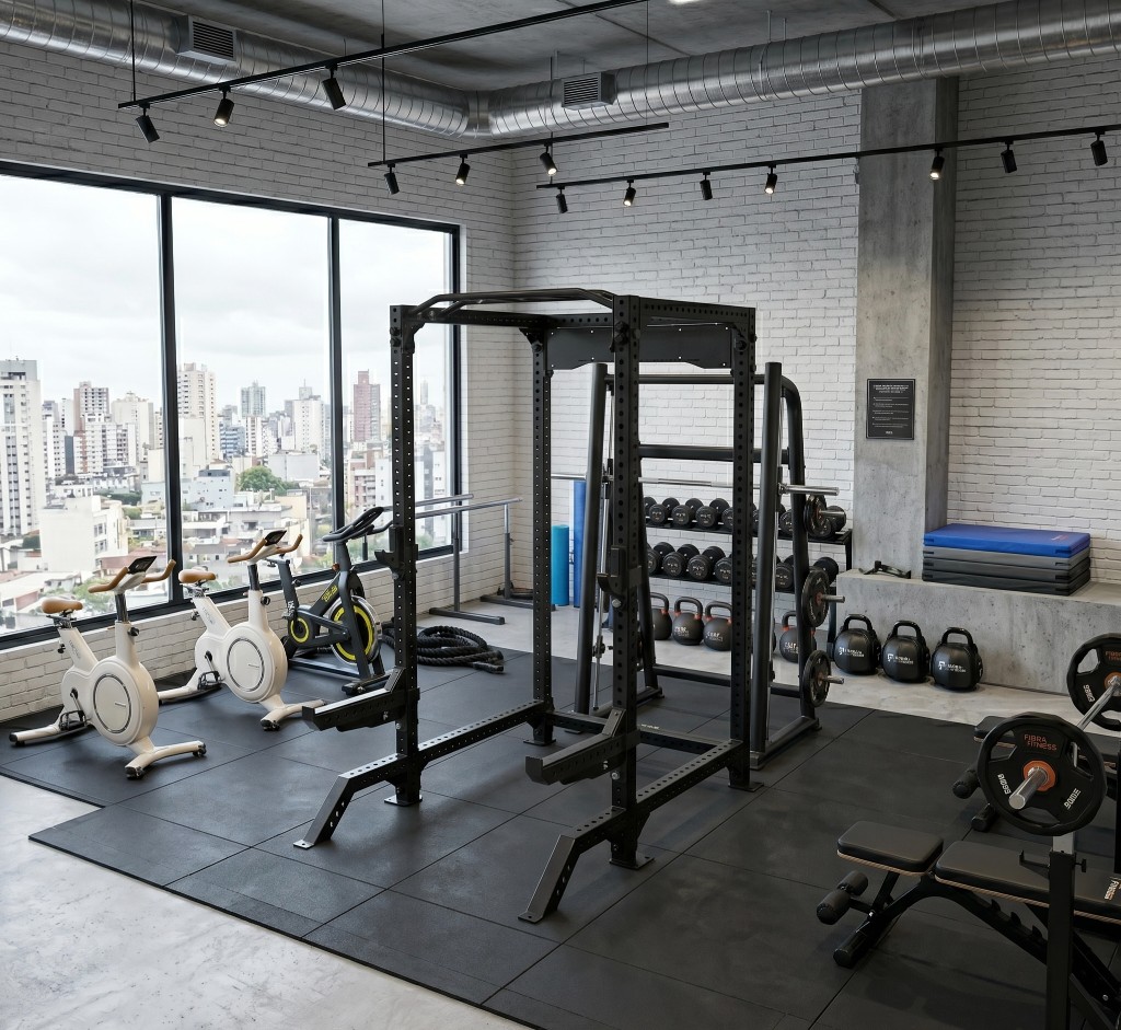 Amenity fitness completo con cinta, elíptico, rack y zona funcional