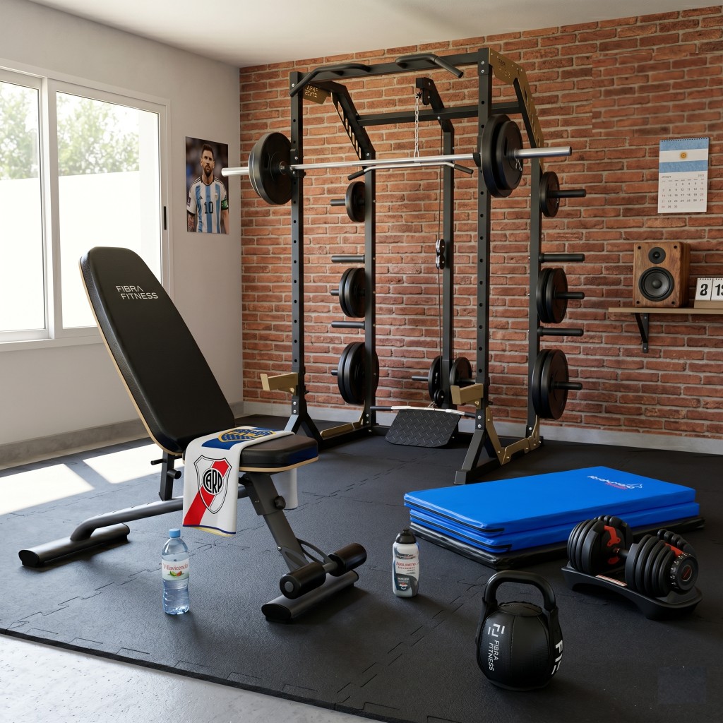 Home gym armado en Argentina con banco regulable, mancuernas ajustables y jaula multifunción