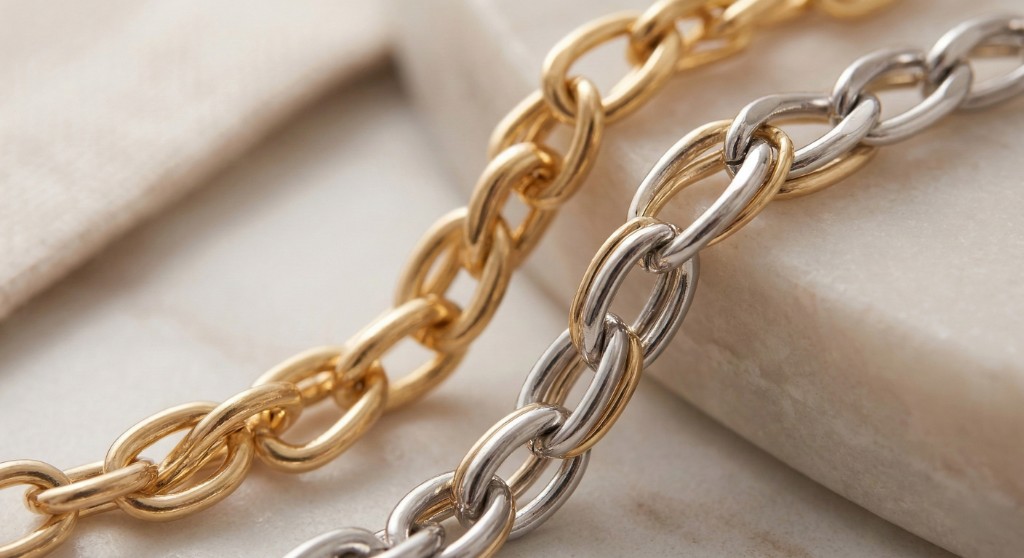 Fotografia em close-up de duas correntes de semijoias, uma com banho de ouro e outra prateada, destacando o brilho, a textura e a qualidade dos elos met&aacute;licos.
