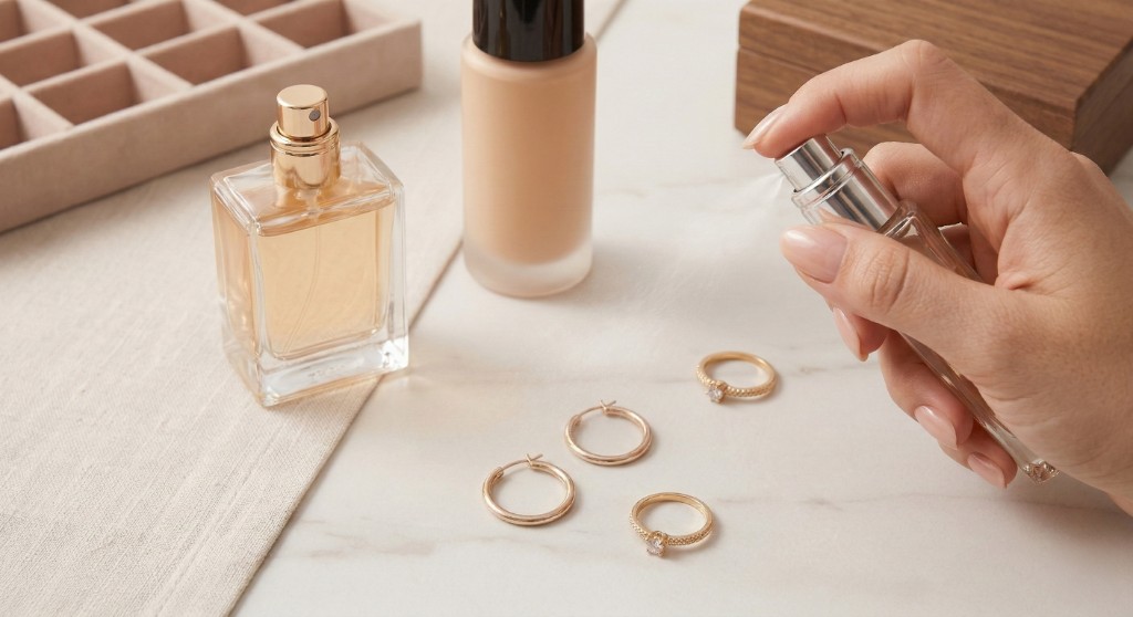 M&atilde;o borrifando perfume pr&oacute;ximo a an&eacute;is e brincos dourados dispostos sobre uma mesa. A imagem ilustra o contato de produtos qu&iacute;micos e cosm&eacute;ticos que danificam o banho das semijoias.