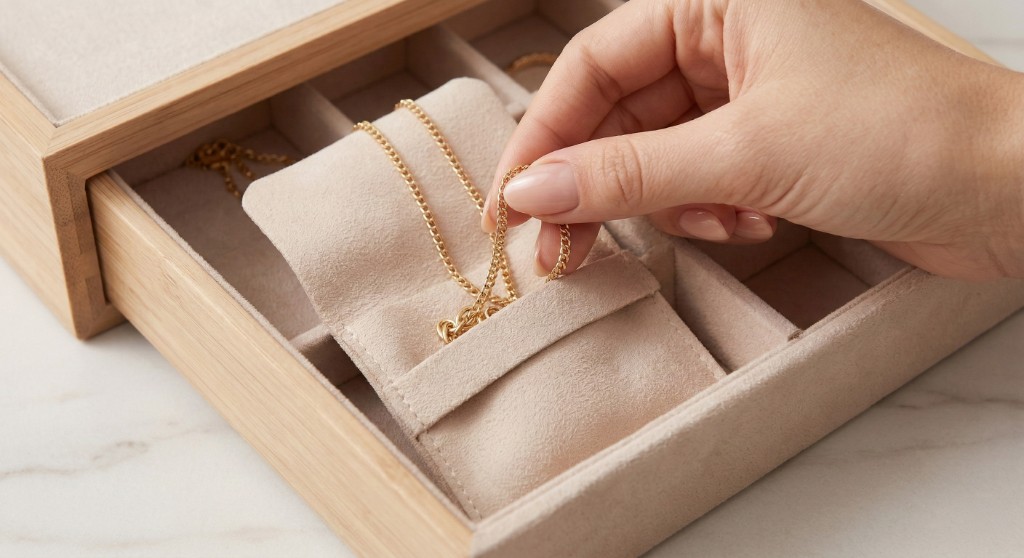 M&atilde;o feminina guardando cuidadosamente um colar dourado dentro de um saquinho de camur&ccedil;a individual, acomodado em uma gaveta organizadora de madeira com divis&oacute;rias para joias.