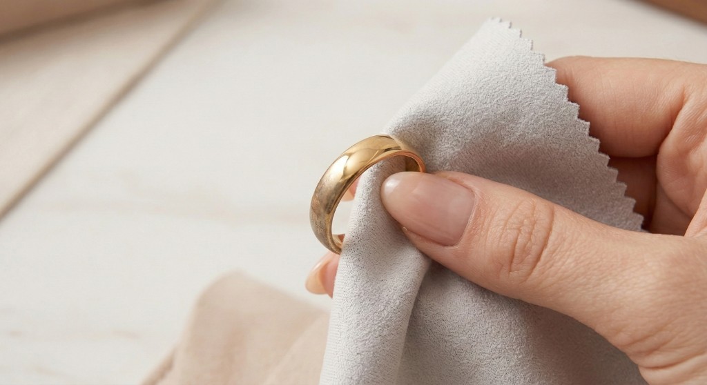 Detalhe de uma m&atilde;o limpando um anel dourado com uma flanela macia. O anel mostra o contraste entre uma &aacute;rea opaca precisando de limpeza e outra &aacute;rea j&aacute; polida e brilhante.