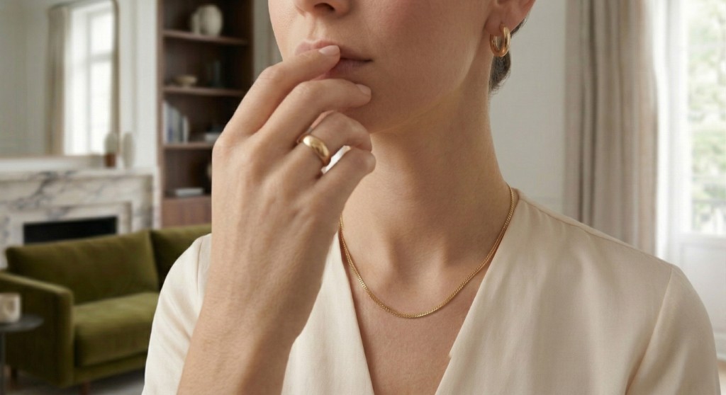 Detalhe do colo e pesco&ccedil;o de uma mulher vestindo blusa de linho clara, usando um colar de corrente, brincos de argola e anel dourados. Ao fundo desfocado, uma sala de estar elegante com sof&aacute; de veludo verde.