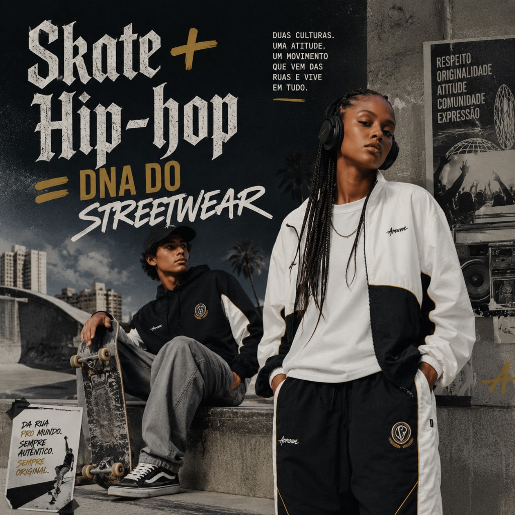 Ilustra&ccedil;&atilde;o de skate e hip-hop como influ&ecirc;ncias centrais na est&eacute;tica streetwear.