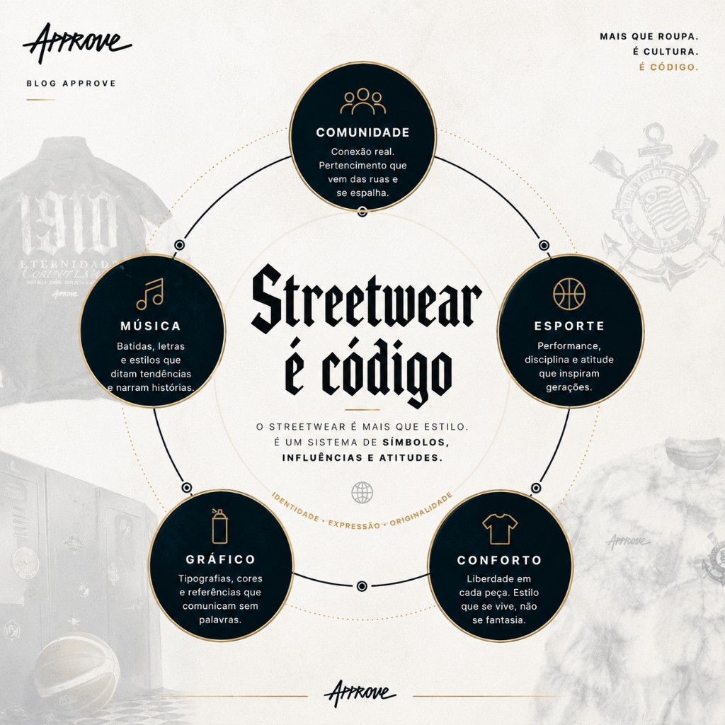 Ilustra&ccedil;&atilde;o de streetwear brasileiro conectando skate, hip-hop, futebol e cultura urbana.
