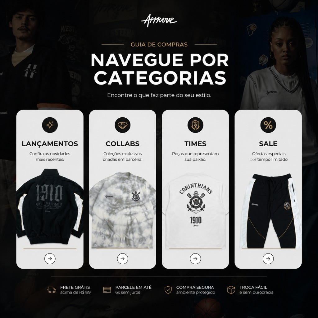 Mockup de navega&ccedil;&atilde;o de e-commerce streetwear com categorias Lan&ccedil;amentos, Collabs, Times e Sale.