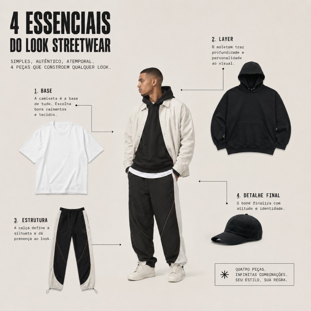 Look streetwear com camiseta, moletom, cal&ccedil;a e bon&eacute; em ambiente urbano.