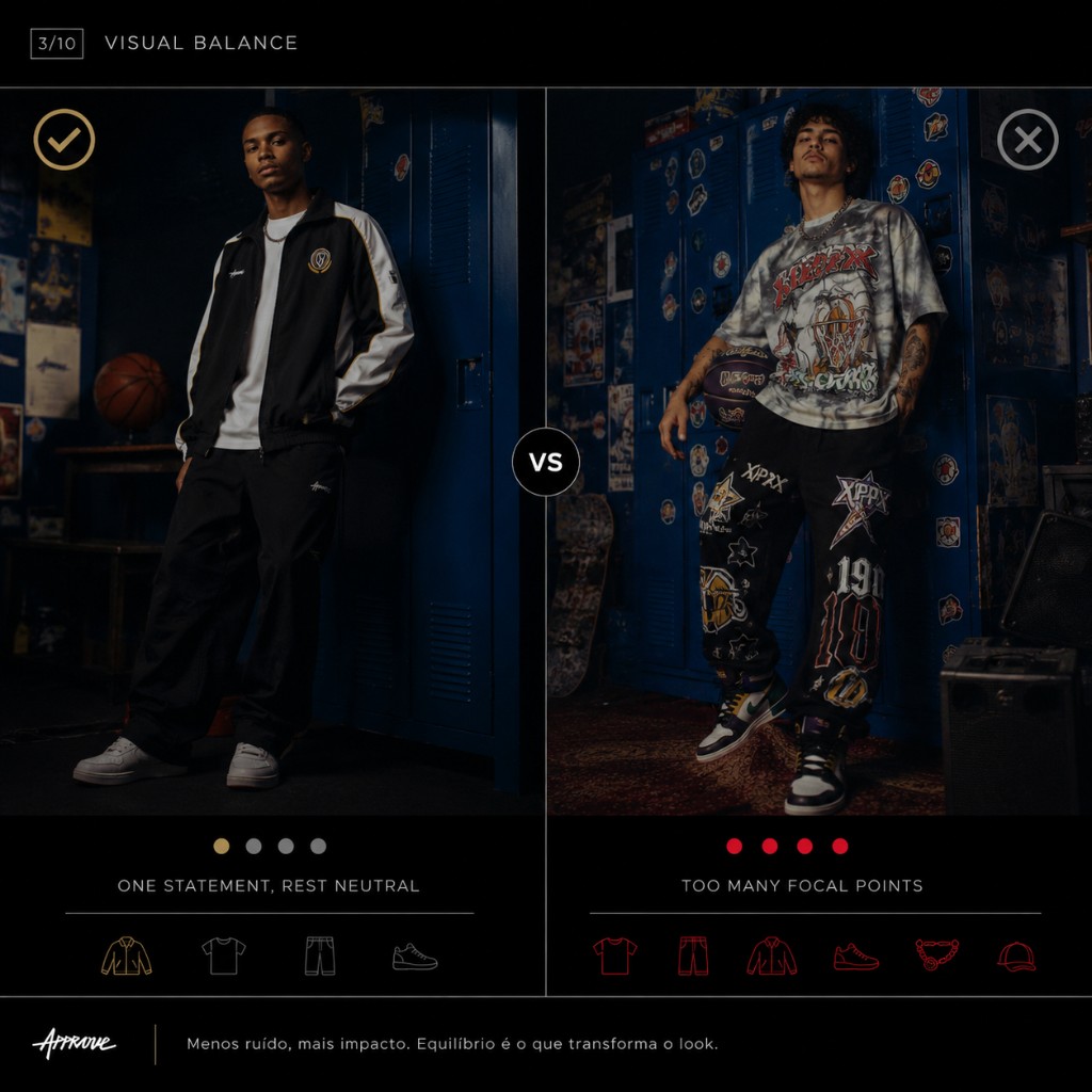 Compara&ccedil;&atilde;o entre look streetwear equilibrado e look com excesso de informa&ccedil;&atilde;o.