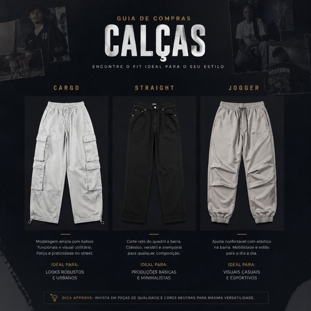Comparativo entre cal&ccedil;a cargo, reta e jogger para streetwear.