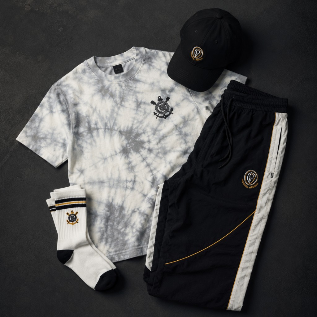 Paleta de cores conectando camiseta, bon&eacute;, meia e cal&ccedil;a streetwear.