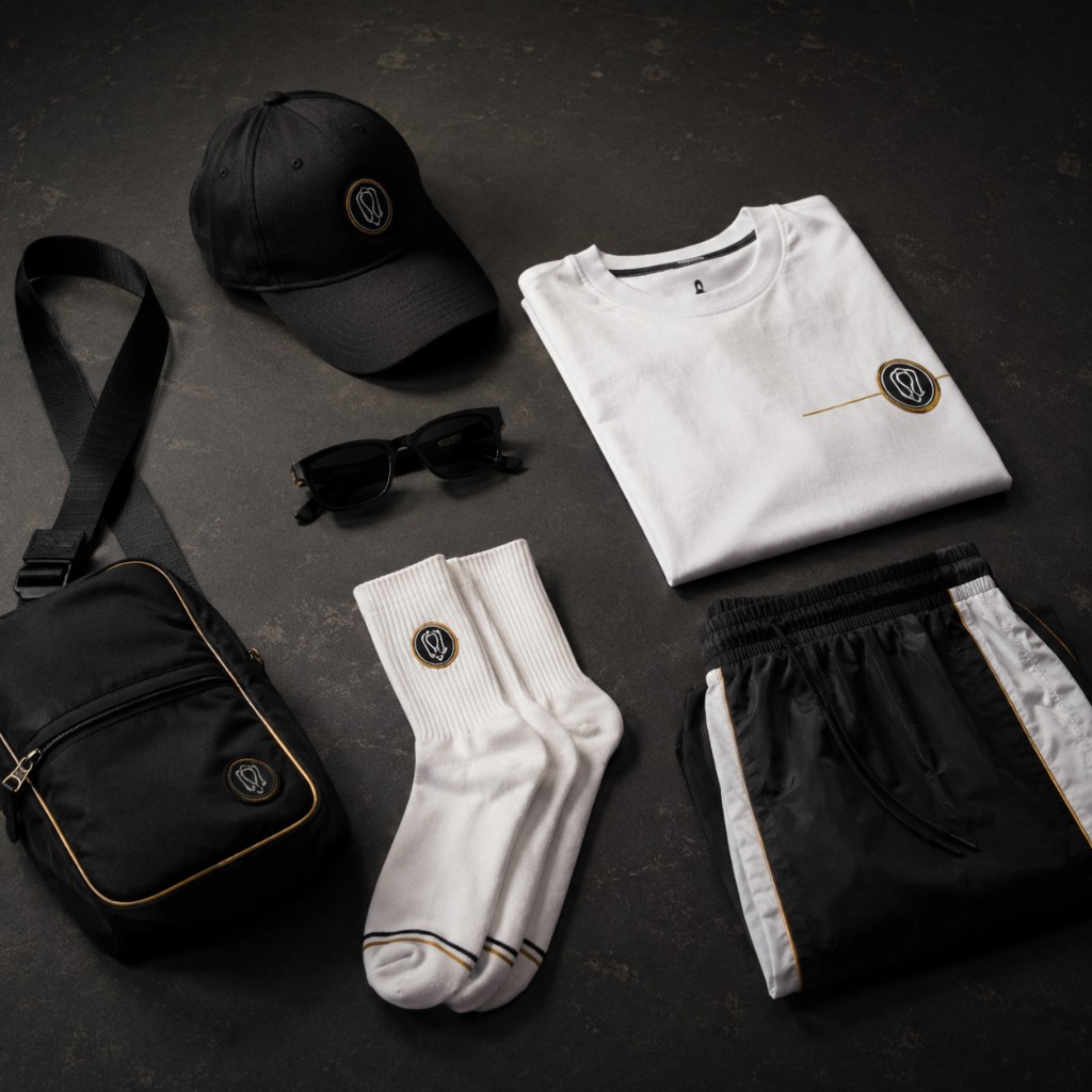Acess&oacute;rios streetwear como bon&eacute;, meias, bag e &oacute;culos em composi&ccedil;&atilde;o flat lay.
