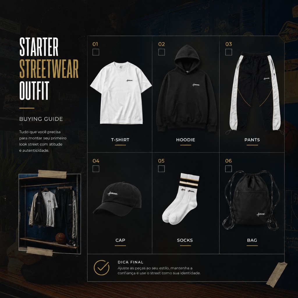 Checklist visual de compra para montar um look streetwear do zero.