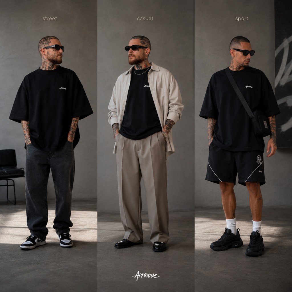 Tr&ecirc;s combina&ccedil;&otilde;es com camiseta oversized para looks streetwear, casual arrumado e sport athleisure.