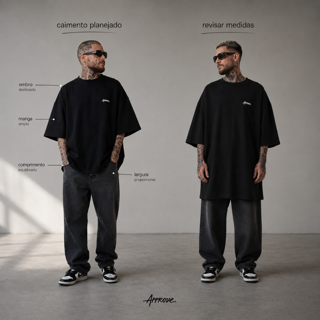 Compara&ccedil;&atilde;o visual entre camiseta oversized com caimento equilibrado e camiseta com medidas que precisam ser revisadas.