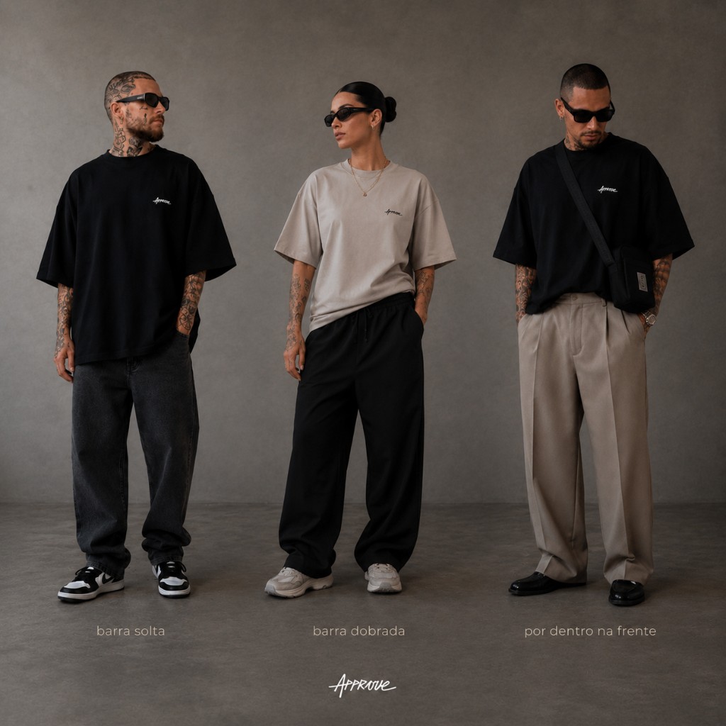 Tr&ecirc;s pessoas adultas usando camiseta oversized com barra solta, barra dobrada e parte frontal por dentro.