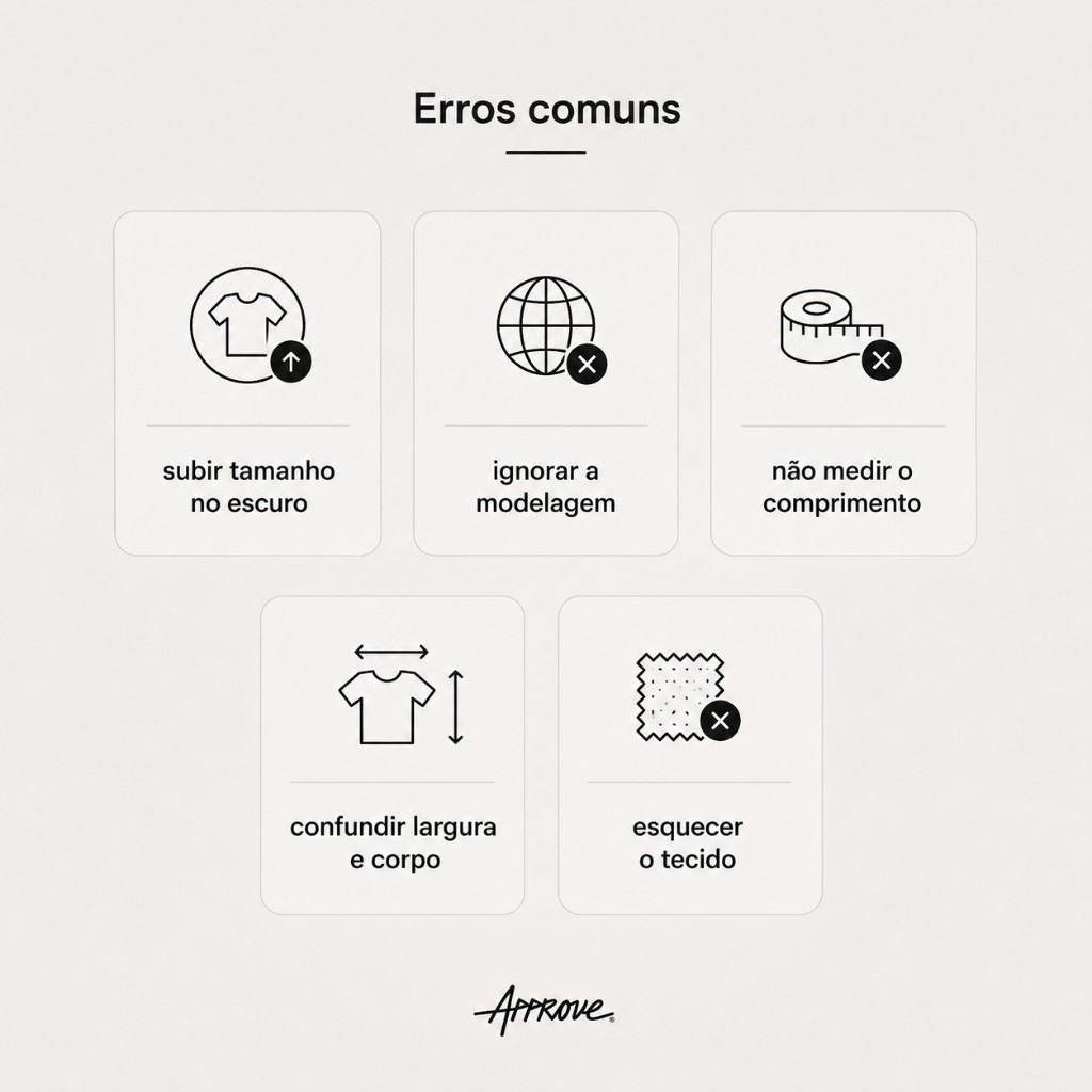 Cards com erros comuns ao comprar camiseta oversized online, incluindo tamanho, modelagem, medidas e tecido.