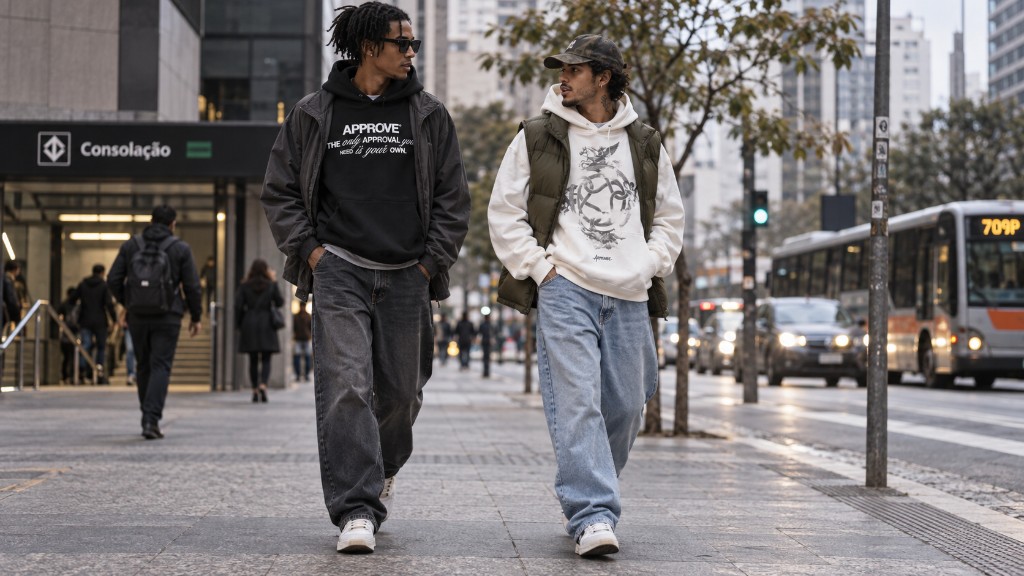 look streetwear com sobreposição