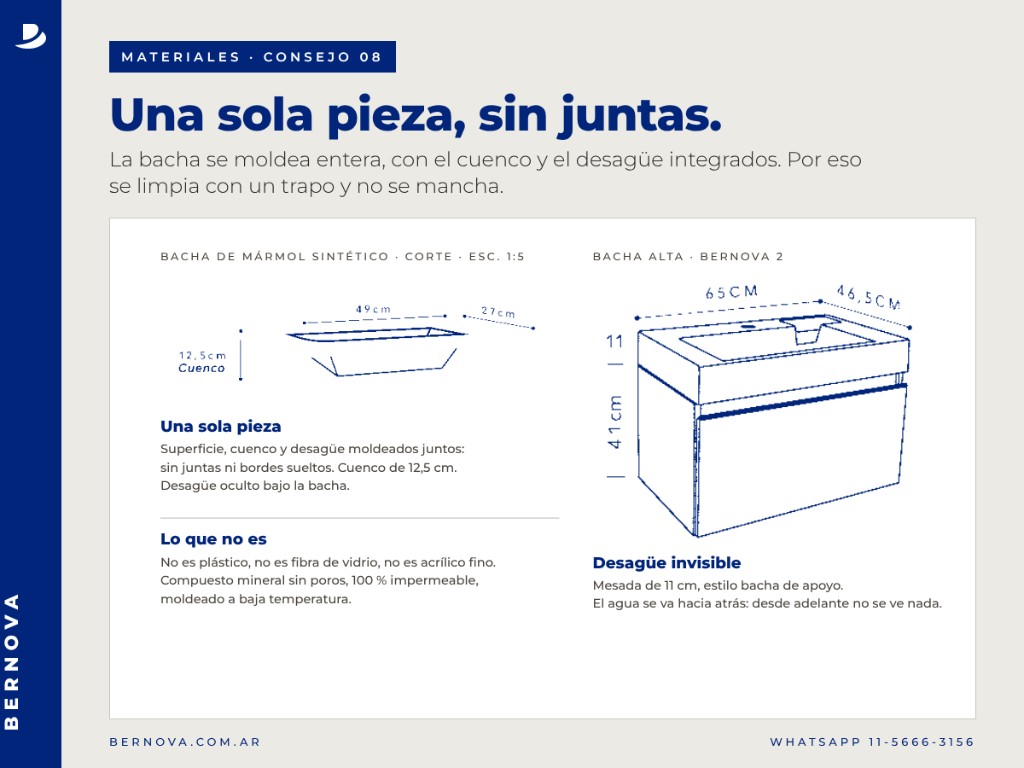 La bacha se moldea en una sola pieza, con el desag&uuml;e integrado