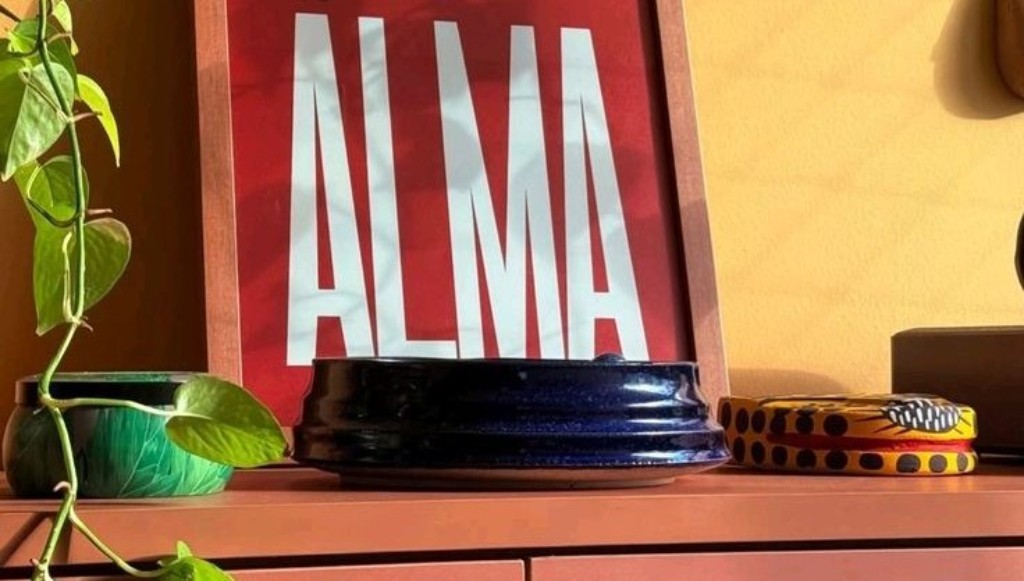 A imagem mostra um quadro com moldura marrom alaranjada, e dentro da moldura, a palavra "ALMA" em branco com um fundo vermelho. A lado, h&aacute; um galho de uma planta pendente. Alguns pequenos objetos decorativos est&atilde;o posicionados em frente ao quadro.