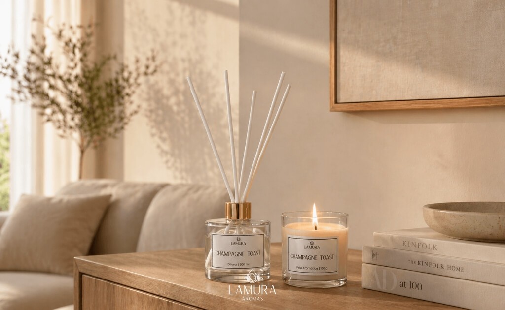 Aromatizador de ambientes e vela decorativa em uma sala de estar iluminada e aconchegante.
