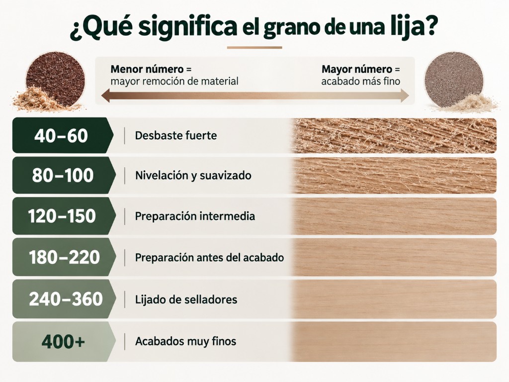 Diferentes hojas de lija utilizadas durante la preparaci&oacute;n de una tabla de madera