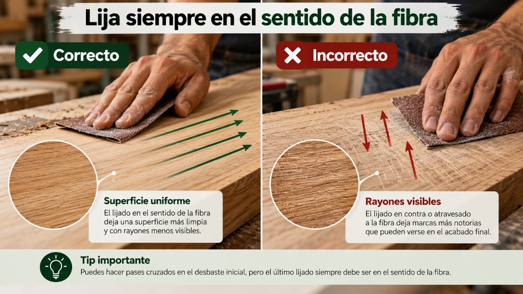 Comparaci&oacute;n entre lijar a favor de la fibra y lijar atravesando la veta