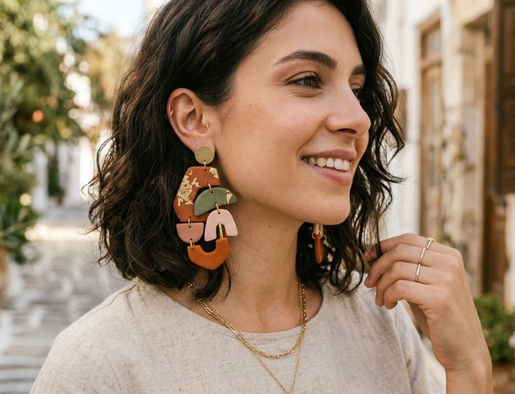 Brincos artesanais em polymer clay estilo boho chic com detalhes em folha de ouro feitos com cortadores Amarebela