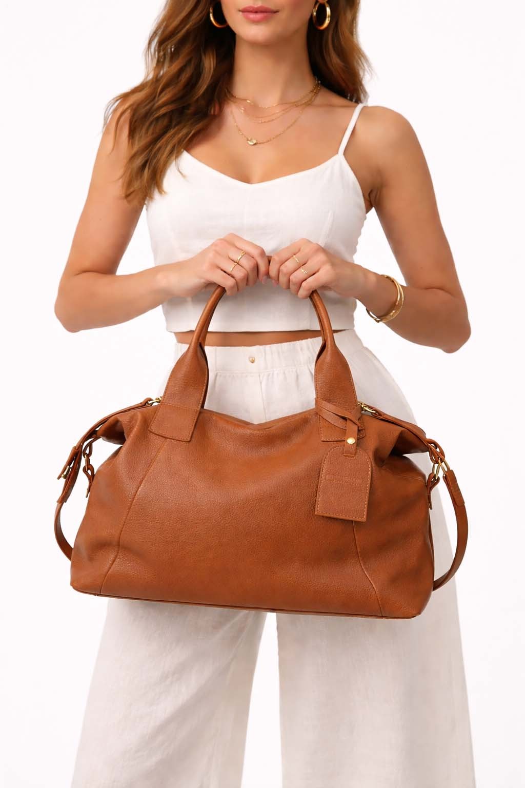 bolsa caramelo em couro legítimo transversal Francarline