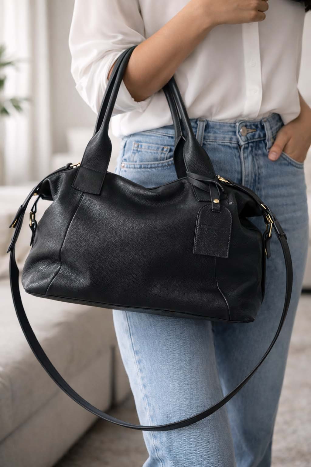 bolsa preta grande em couro legitimo francarline