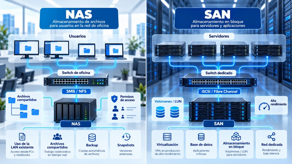 Diagrama comparativo de arquitectura NAS y SAN