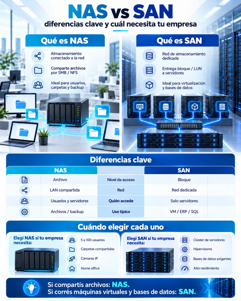 Infografía NAS vs SAN: diferencias clave y cuándo elegir cada uno