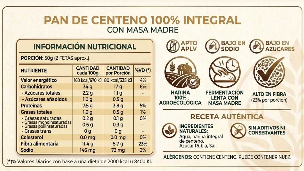 Detalles de la etiqueta de Pan de Centeno Integral Masa Madre: sellos Apto APLV, Alto en Fibra y Harina 100% Agroecológica. Tabla nutricional completa visible.