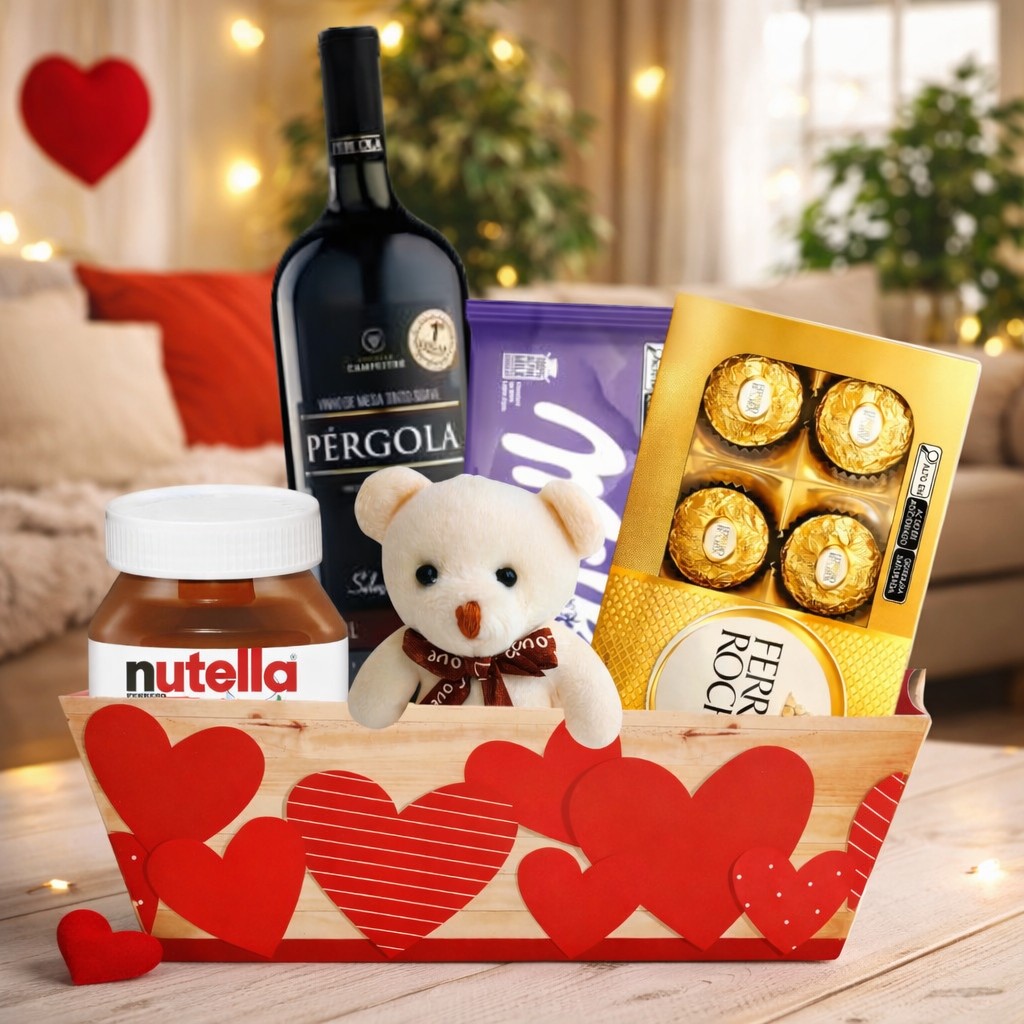cesta te amo surpresa vinho e urso com entrega em s&atilde;o paulo e abc