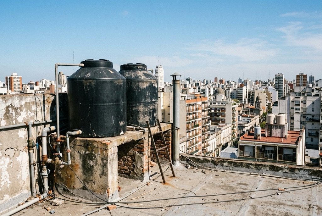 Tanques de agua en la terraza de un edificio en Buenos Aires