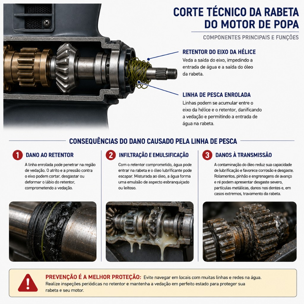 danos causados por linha de pesca no eixo da helice