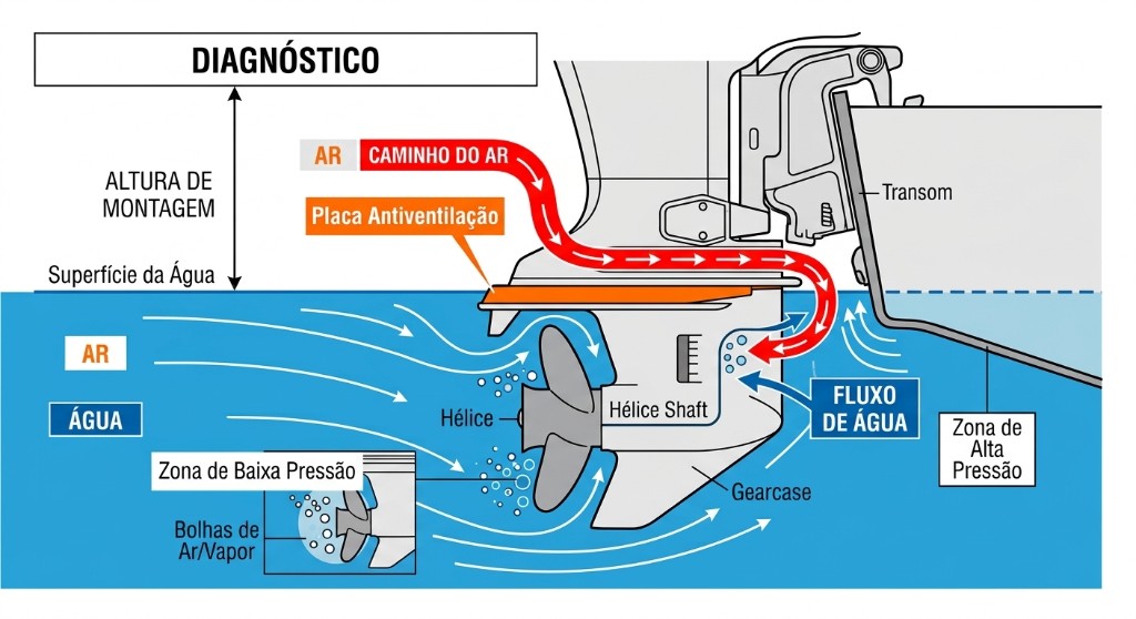 Hélice de motor de popa com sinais de ventilação e perda de aderência na água