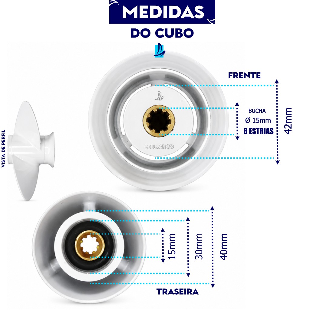 Medidas do cubo da hélice Yamaha 15 HP Y24104, passo 10 1/2